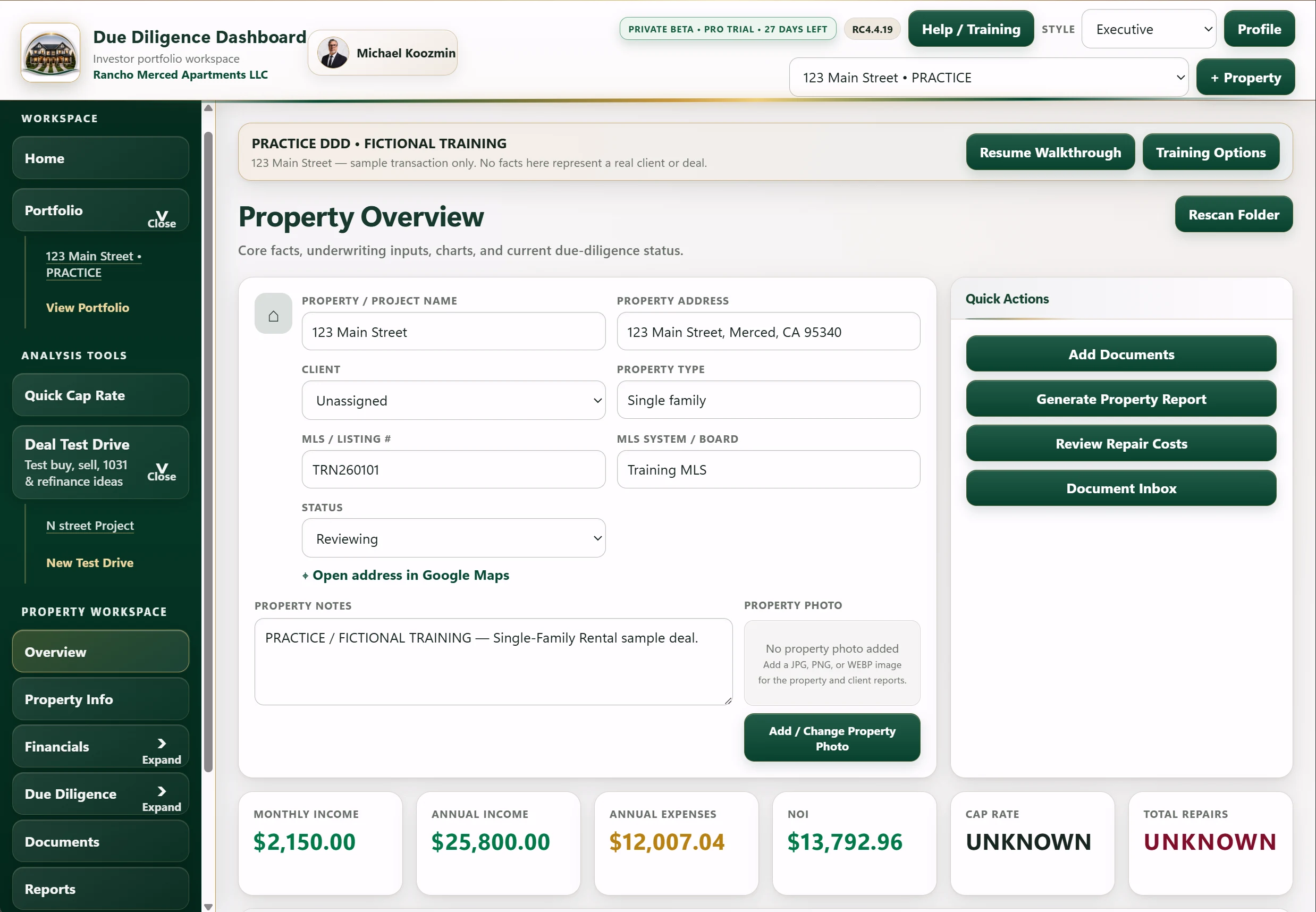 Due Diligence Dashboard Property Overview screen