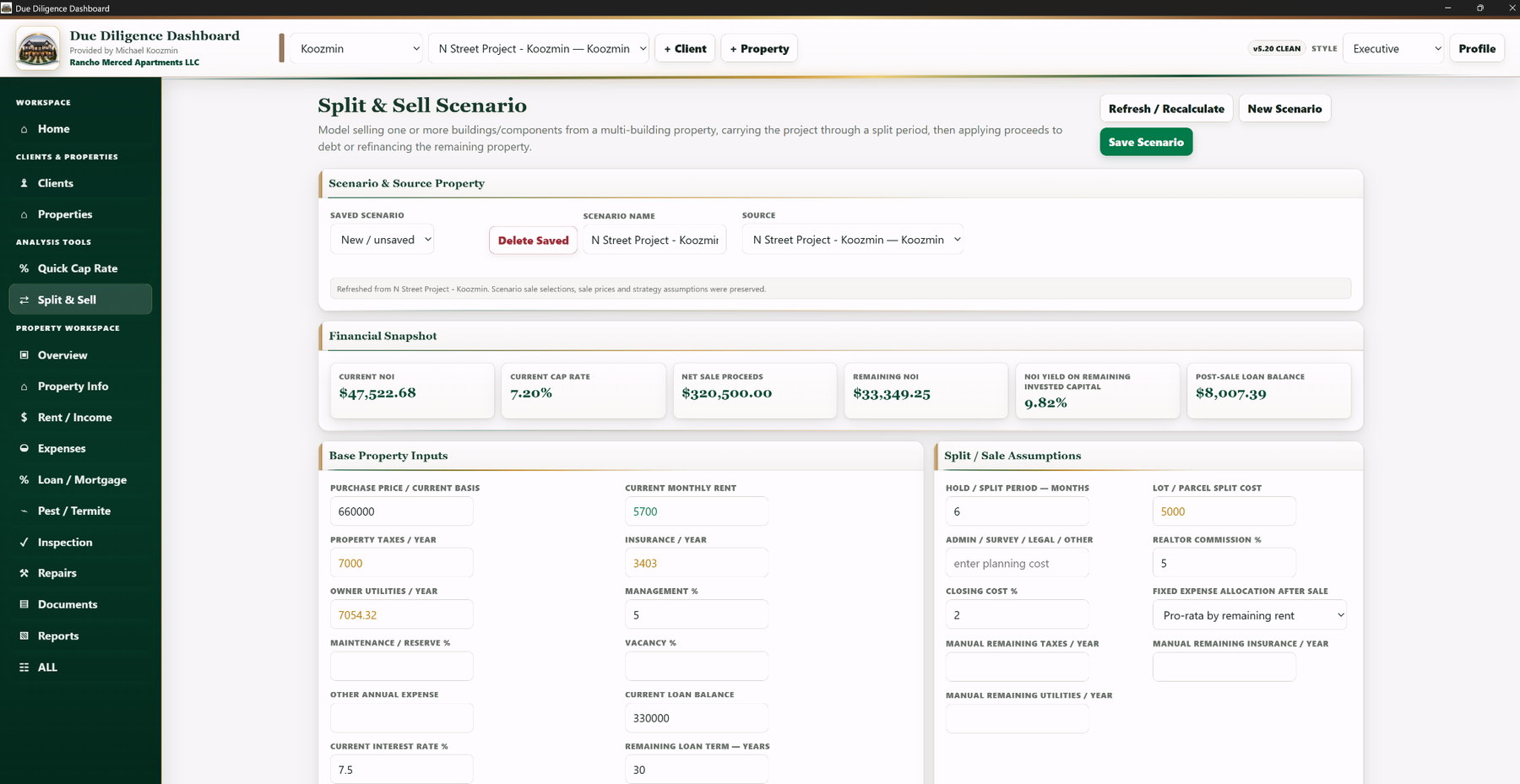 Due Diligence Dashboard Split and Sell scenario screen