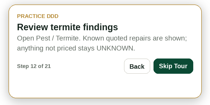 Practice DDD tutorial step: Review termite findings