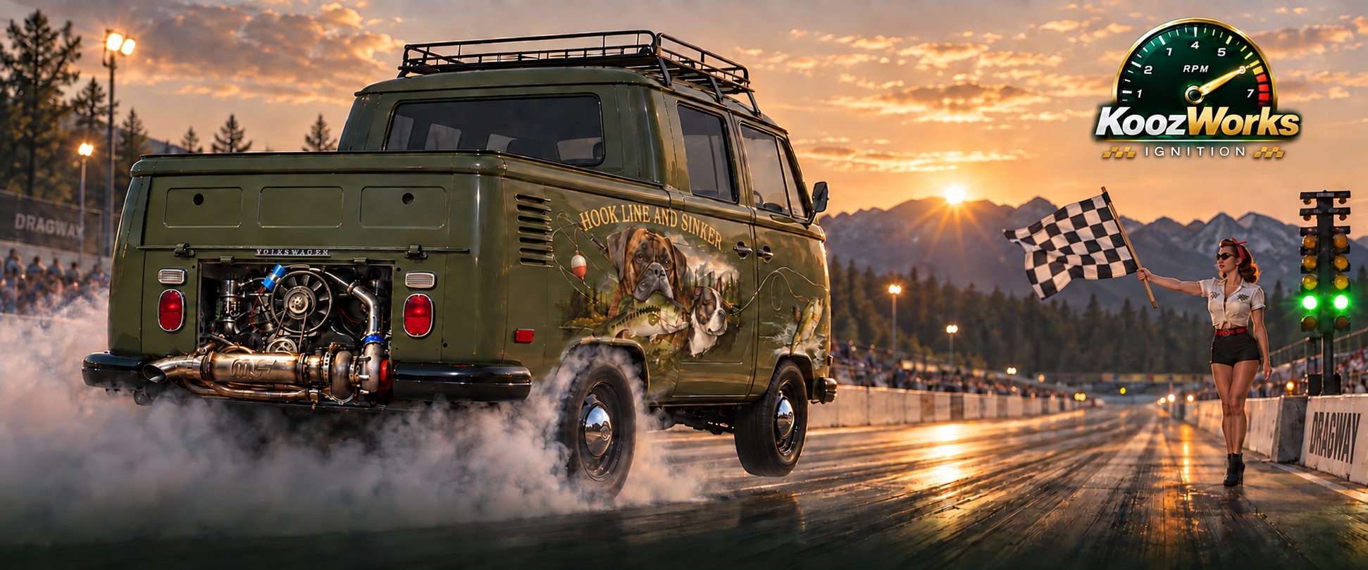 KoozWorks Ignition — olive Volkswagen double cab launching on a mountain drag strip at sunrise.