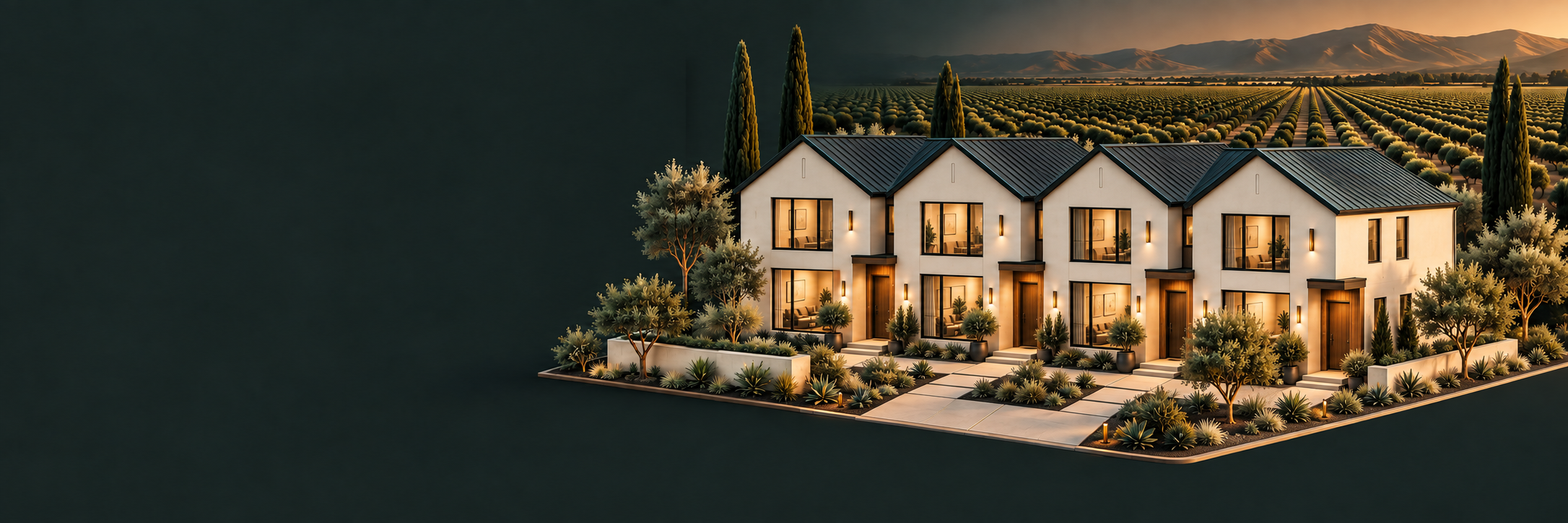 A fourplex beside Central Valley orchards and distant mountains